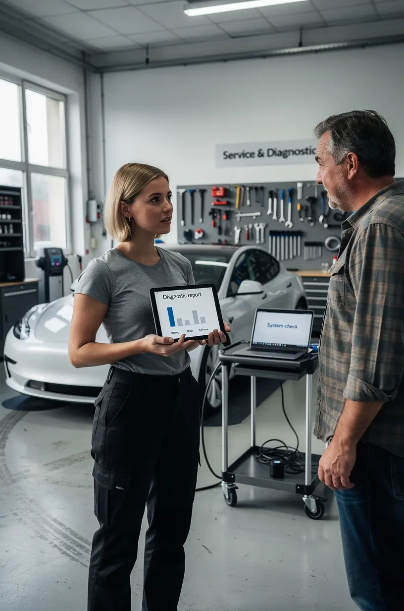 Fahrzeug mit offenem Motorraum in Werkstatt, spezialisiert auf elektronische Systemdiagnose und Reparatur.