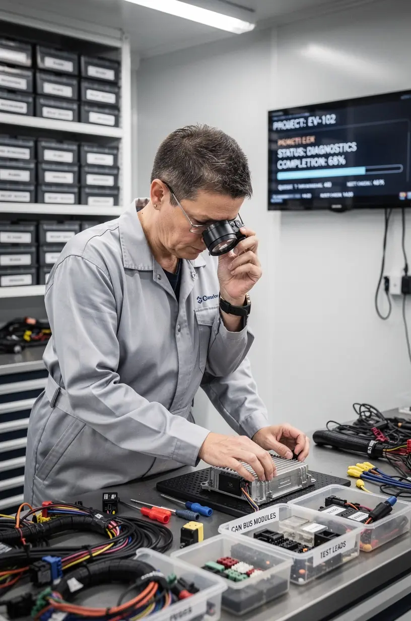 Hochentwickelte Messgeräte zur Diagnose von elektrischen Systemen in einem deutschen Kfz-Servicezentrum.